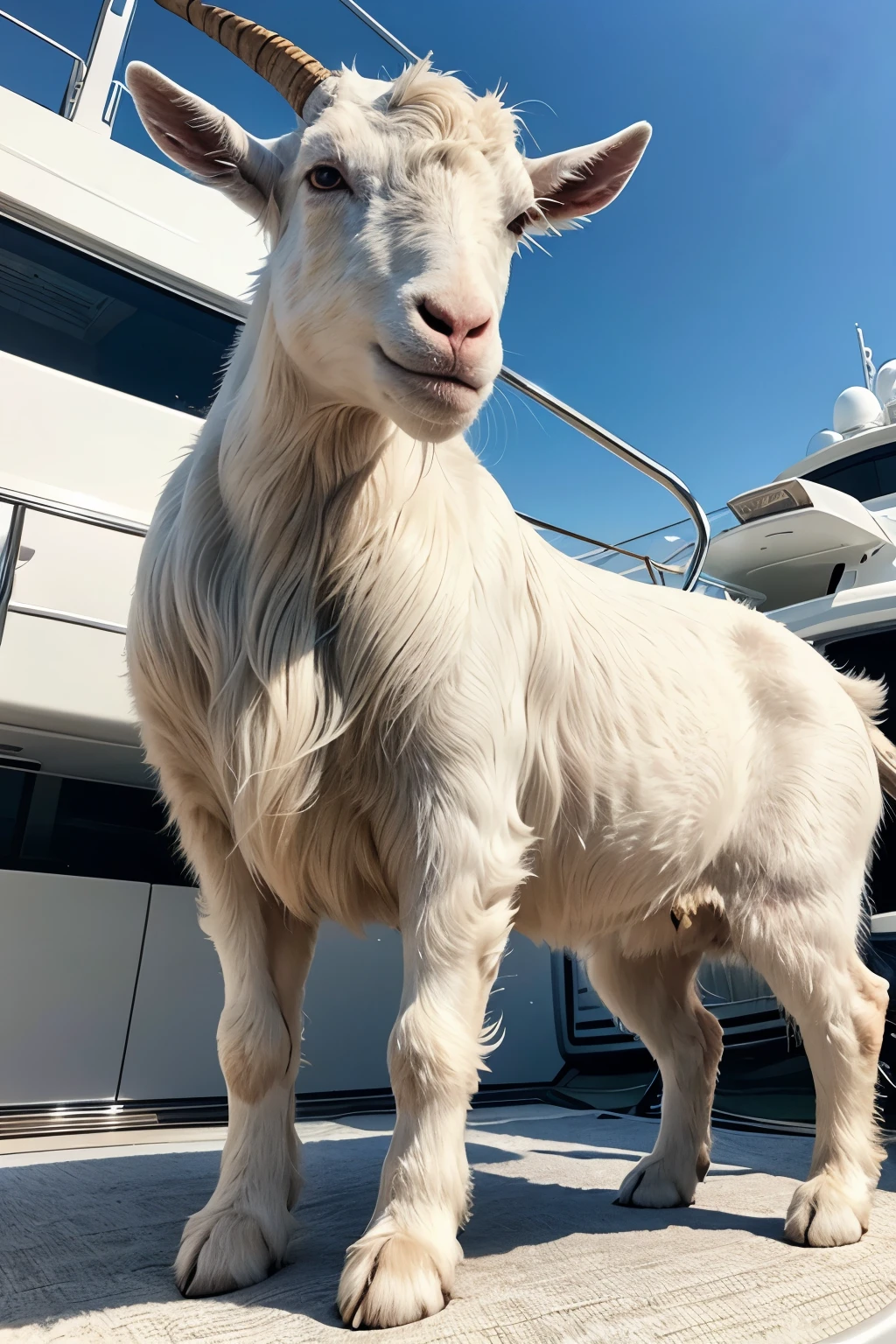 A white goat flaunting on a luxurious yacht 