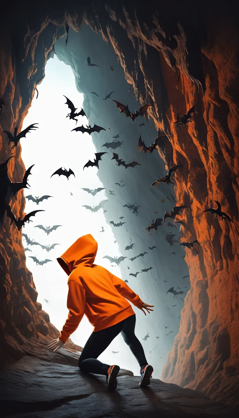 side view, in mid-air while falling down, centered, digital illustration, lateral view. walls made of evil creatures, evil creatures streching hands, a deep wall cave, wearing orange hoodie, fantasy horror art