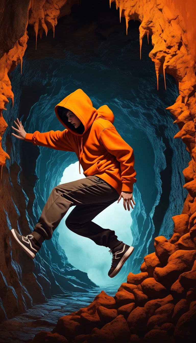 side view, in mid-air while falling down, centered, digital illustration, lateral view. walls made of evil creatures, evil creatures streching hands, a deep wall cave, wearing orange hoodie, fantasy horror art