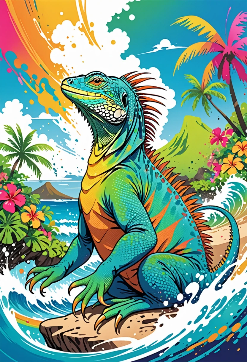 vectorial art, Illustration with an iguana, At the center, swirly vibrant colors, paint splashes and smears, high détail,Background with Hawaii island
