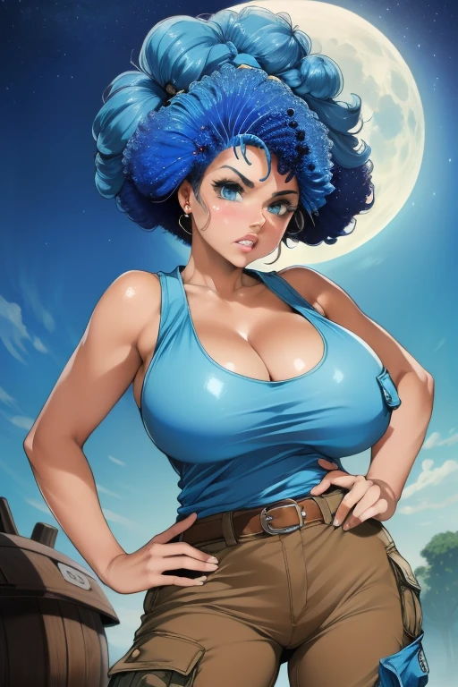 Waifu, masterpiece, curvy, breasts, moon, full moon, gloves, 1girl, clenched teeth, bulma, cleavage, large breasts, teeth, aqua hair, ((white tank top:1.2)), blue eyes, rating:explicit,rule34, hardcore, ,clenched hands, night, sky, ((brown cargo pants:1.4)), bare shoulders, blue hair, clenched hand, rating:questionable, (((blue colored afro:1.5))), belt, solo, angry, lip biting(gigantic and massive tits:1.1), breasts, official illustration, illustration, detailed face, beautiful intricate eyes, curvy milf, 1:2), closeup, titsnipples