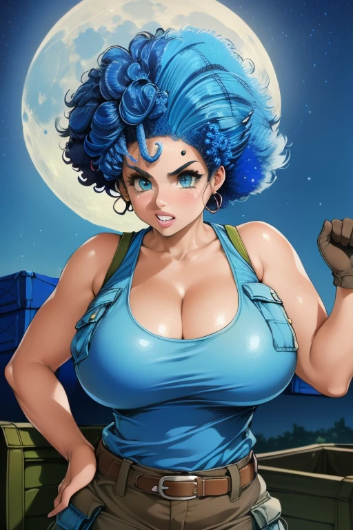 Waifu, masterpiece, curvy, breasts, moon, full moon, gloves, 1girl, clenched teeth, bulma, cleavage, large breasts, teeth, aqua hair, ((white tank top:1.2)), blue eyes, rating:explicit,rule34, hardcore, ,clenched hands, night, sky, ((brown cargo pants:1.4)), bare shoulders, blue hair, clenched hand, rating:questionable, (((blue colored afro:1.5))), belt, solo, angry, lip biting(gigantic and massive tits:1.1), breasts, official illustration, illustration, detailed face, beautiful intricate eyes, curvy milf, 1:2), closeup, titsnipples