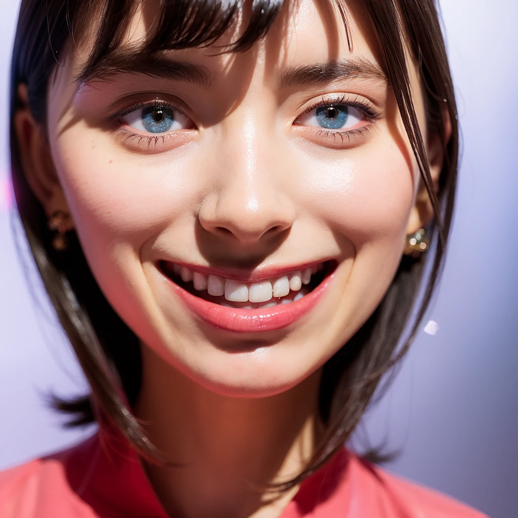 1girl,(wearing a bright pink blouse),(RAW photo, best quality), (((big smile))), (background blue), (realistic, photo-realistic:1.4), (news caster), (news show), ((looking at the camera)),(((directly in front))),masterpiece, an extremely delicate and beautiful, extremely detailed, 2k wallpaper, Amazing, finely detail, extremely detailed CG unity 8k wallpaper, ultra-detailed, highres, beautiful detailed girl, extremely detailed eyes and face, beautiful detailed nose, beautiful detailed eyes,perfect ???????,smiling, (see here),