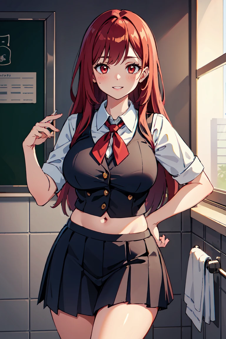 masterpiece, best quality, highly detailed background, perfect lighting, best quality, (extremely detailed face), volumetric lighting, intricate details, shadow, tonemapping, sharp focus, hyper detailed, trending on Artstation, (solo), (Background in the bathroom) .Girl with long red hair. Red eyes. Sexy. curvy. Blush, Clear skin. Belly in sight. Big bust. Smile, ((with school report)) ((Dressed as a schoolgirl))