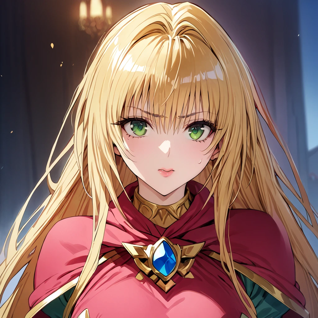 ((Highest quality)), ((masterpiece)), (detailed), （Perfect Face）、The woman is Tearju, with green eyes, medium-length blonde hair, and is wearing a Princess Zelda costume.