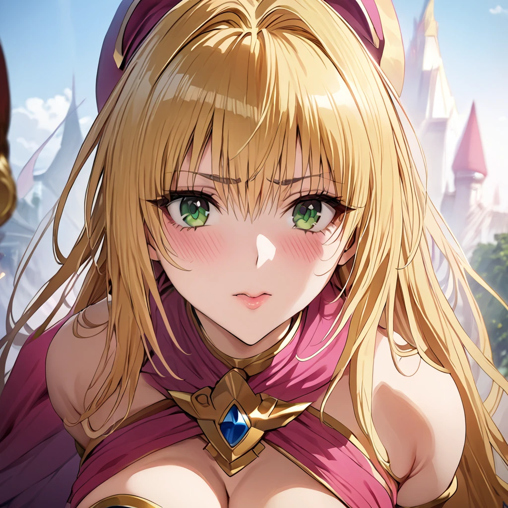 ((Highest quality)), ((masterpiece)), (detailed), （Perfect Face）、The woman is Tearju, with green eyes, medium-length blonde hair, and is wearing a Princess Zelda costume.