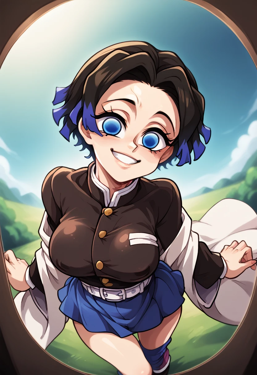 Draw a character in animated art style, with a vibrant and expressive appearance. The character must have exaggerated characteristics, like big, expressive eyes, a subtle and fun smile, and a straight posture. The background should be simple and not distract from the main figure. The character must be from the Kimetsu no Yaiba universe/Demon Slayer, black short hair, blue colored eyes. Wearing a tight skirt, angle from above, animated cartoon, beautiful drawing.