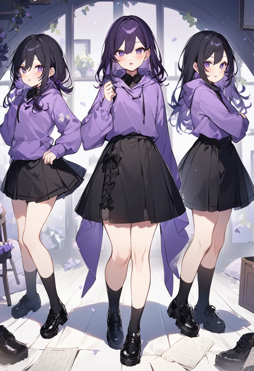 Keito。Purple hoodie。Black Skirt。Purple Eyes。Black Hair。Black shoes下。Black shoes。6 sistery eldest daughter has lavender hair.。all female。Sextuplets