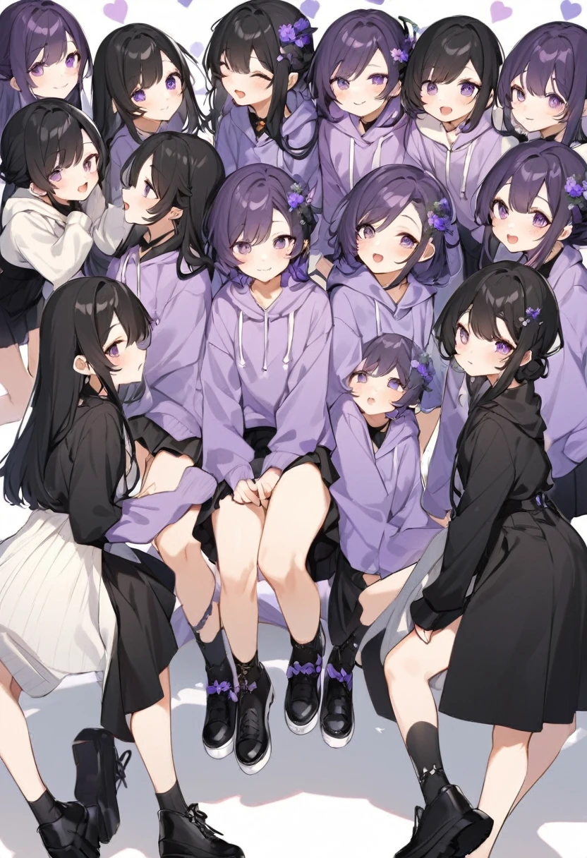 Keito。Purple hoodie。Black Skirt。Purple Eyes。Black Hair。Black shoes下。Black shoes。6 sistery eldest daughter has lavender hair.。all female。Sextuplets