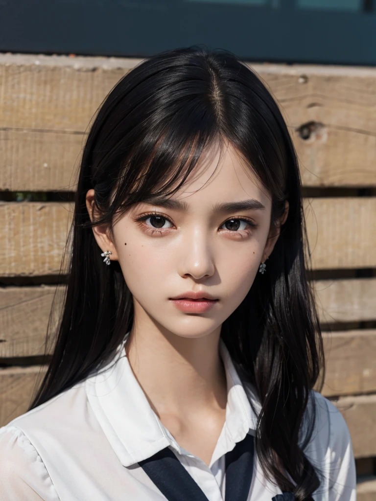 absurdres, RAW photo, extremely delicate and beautiful, masterpiece, Best Quality, ultra high resolution, 32k, hyperrealistic, ultra-detailed, perfect figure, in her 20s, very small head, very small face, delicate facial features, tearful mole, earring, ((huge breasts)), full body shot, medium hair, black hair, colored inner hair, ((school_uniform)),