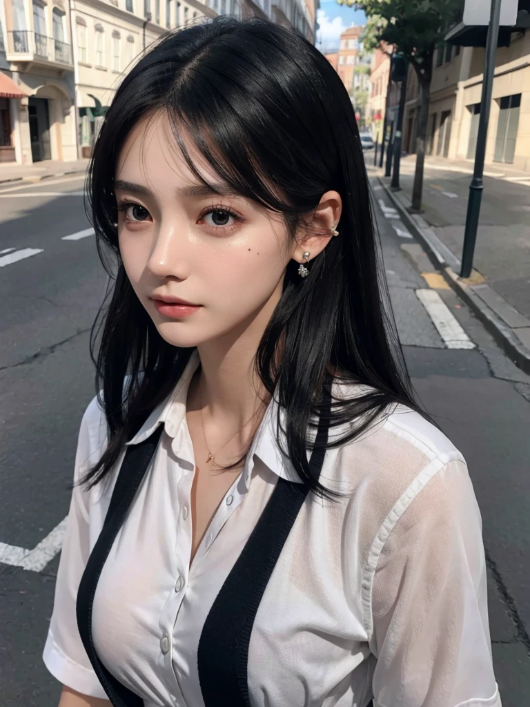 absurdres, RAW photo, extremely delicate and beautiful, masterpiece, Best Quality, ultra high resolution, 32k, hyperrealistic, ultra-detailed, perfect figure, in her 20s, very small head, very small face, delicate facial features, tearful mole, earring, ((huge breasts)), full body shot, medium hair, black hair, colored inner hair, ((school_uniform)),