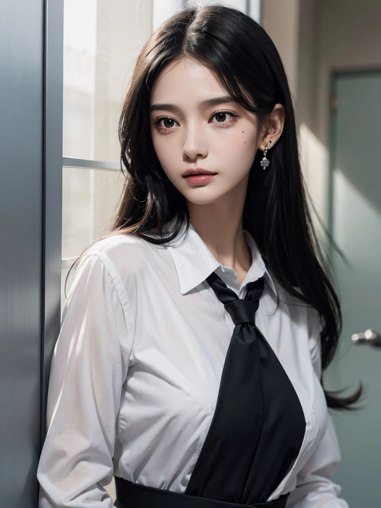 absurdres, RAW photo, extremely delicate and beautiful, masterpiece, Best Quality, ultra high resolution, 32k, hyperrealistic, ultra-detailed, perfect figure, in her 20s, very small head, very small face, delicate facial features, tearful mole, earring, ((huge breasts)), full body shot, medium hair, black hair, colored inner hair, ((school_uniform)),