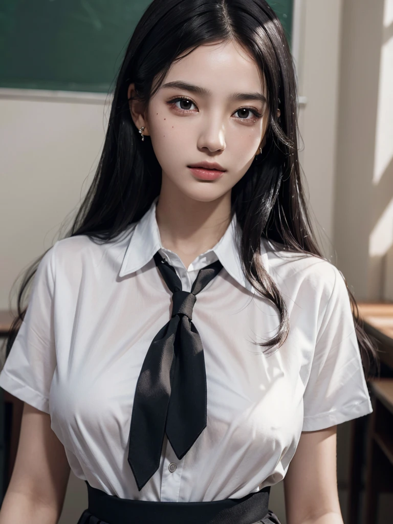 absurdres, RAW photo, extremely delicate and beautiful, masterpiece, Best Quality, ultra high resolution, 32k, hyperrealistic, ultra-detailed, perfect figure, in her 20s, very small head, very small face, delicate facial features, tearful mole, earring, ((huge breasts)), full body shot, medium hair, black hair, colored inner hair, ((school_uniform)),