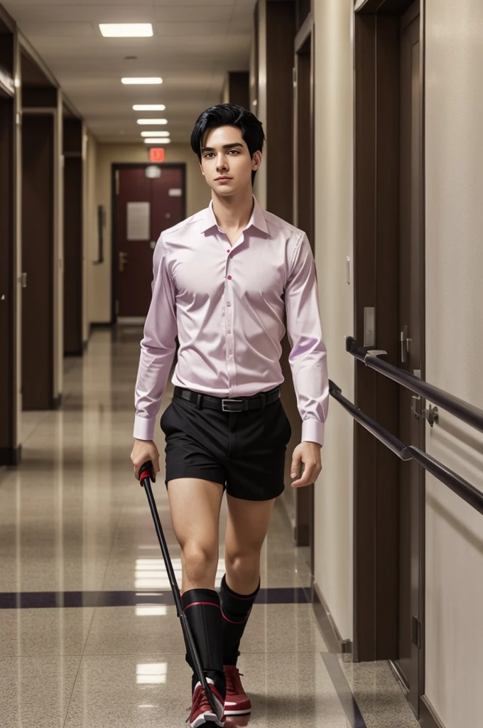anime full body panel in Tower of god style of a blushing white handsome boy with crimson eyes and black hair with red highlights, He is wearing an unbuttoned academic uniform with a white undershirt, maintaining a cold expression full of disinterest and egotism, walking with crutches and his left leg bandaged between the hallways of an academy hugging a golden blonde girl with pretty purple eyes dressed in a female academic uniform