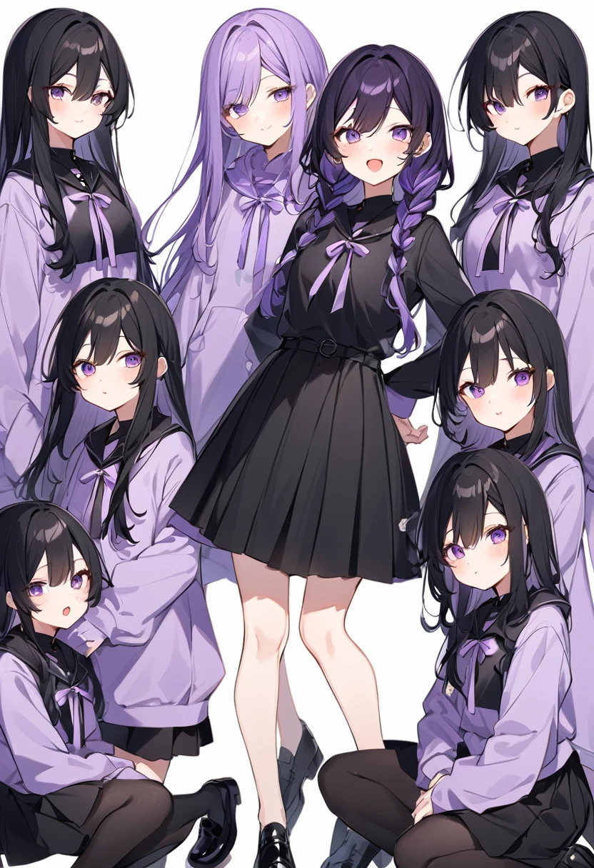 Keito。Purple hoodie。Black Skirt。Purple Eyes。Black Hair。Black shoes下。Black shoes。6 sistery eldest daughter has lavender hair.。all female。Sextuplets