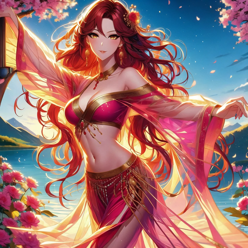 (masterpiece, best quality: 1.2), 1 female, solo, dancing alone, Xian Mei, beautiful golden eyes, long red curly hair, detailed face, beautiful face, jewelry, perfect anatomy, perfect body, traditional pink-purple belly dance dress, medieval china, sexy, hot, beautiful background, belly dance, dance, beautiful dance, mountains in the background, Japanese cherry trees, daytime, sharp image, clear image, Hd resolution, quality,