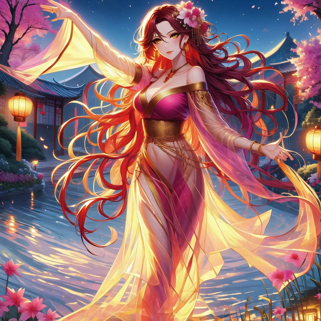 (masterpiece, best quality: 1.2), 1 female, solo, dancing alone, Xian Mei, beautiful golden eyes, long red curly hair, detailed face, beautiful face, jewelry, perfect anatomy, perfect body, traditional pink-purple belly dance dress, medieval china, sexy, hot, beautiful background, belly dance, dance, beautiful dance, mountains in the background, Japanese cherry trees, daytime, sharp image, clear image, Hd resolution, quality,