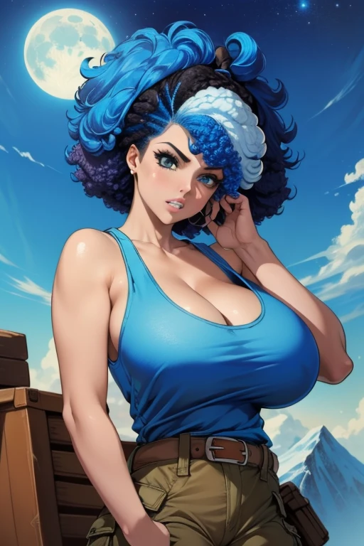 Waifu, masterpiece, curvy, breasts, moon, full moon, gloves, 1girl, clenched teeth, bulma, cleavage, large breasts, teeth, aqua hair, ((white tank top:1.2)), blue eyes, rating:explicit,rule34, hardcore, ,clenched hands, night, sky, ((brown cargo pants:1.4)), bare shoulders, blue hair, clenched hand, rating:questionable, (((blue colored afro:1.5))), belt, solo, angry, lip biting(gigantic and massive tits:1.1), breasts, official illustration, illustration, detailed face, beautiful intricate eyes, curvy milf, 1:2), closeup, titsnipples