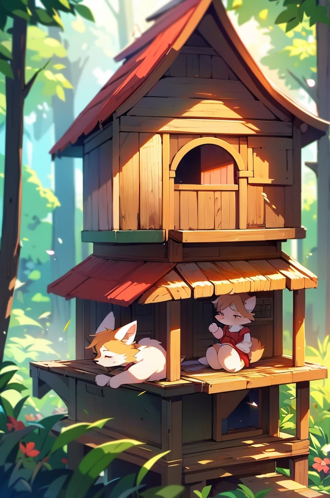 Living in a doghouse,Fox and dog boy and girl couple,           4K resolution,high resolution,最high resolution, Two cute couples,       A soft and fluffy bed,Deep Kiss,Drooling,