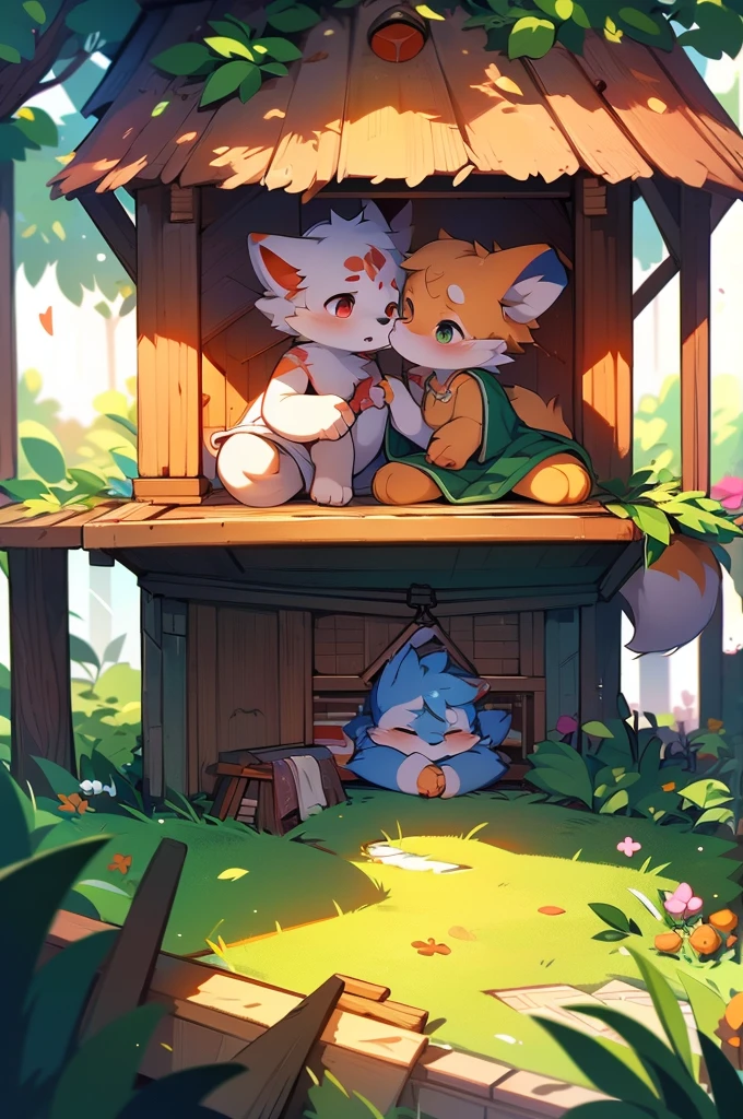Living in a doghouse,Fox and dog boy and girl couple, 4K resolution,high resolution,最high resolution, Two cute couples, A soft and fluffy bed,Deep Kiss,Drooling,