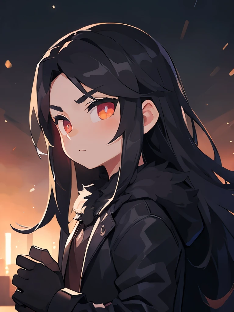 (detailed:1.5), (best quality:1.5), boy, dark hair, long hair, (steel eyes), black coat with fur, black gloves, (clock background)