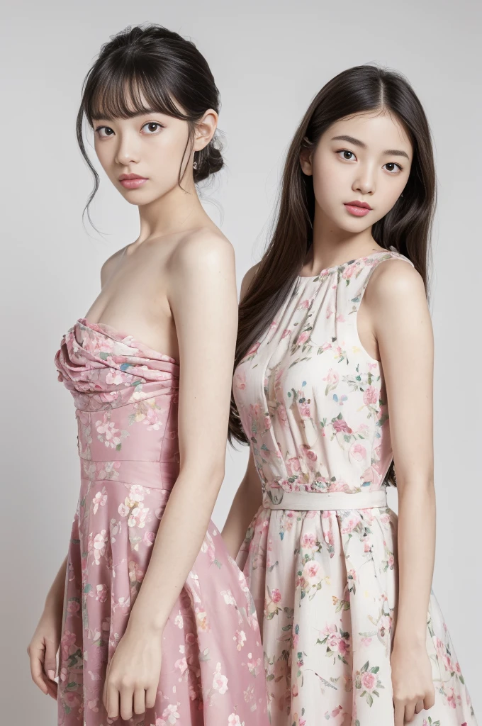 (masterpiece:1.3), (8K, Realistic, Raw photo, Highest quality:1.4), (One girl), Beautiful Face, Realistic Face, (Detailed face), Beautiful hairstyle, (Detailed Hair), Realistic eyes, (Fine grain), Beautiful details, Realistic Skin, (Detailed skin), Beautiful Skin, Charm, Ultra-high resolution, Surreal, Very detailed, (Medium chest:0.5), The Beauty of Japan, (Slim figure), (Arafee in a pink dress with floral print on the front, Maximalist Fashion dress, Wearing a pink floral kitten, Gucci Catwalk, modern Maximalist Fashion dress, expensive voluminous dress, Trump card Akechi, Wearing a pink floral gown, Graphic Printing, Floral Couture, Alexander McQueen Haute Couture, Maximalist Fashion, Inspired by Giambattista Pittoni), Cute young Japanese girl, Cute young Japanese girl, (Gray gradient background)