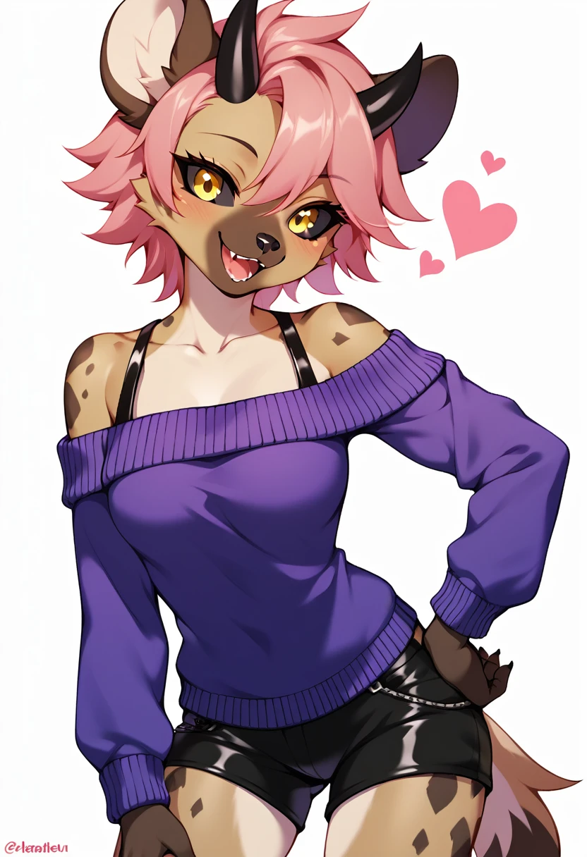 score_9, score_8_up, score_7_up, rating_explicit, female, 1girl, solo, female anthro hyena, looking at viewer, smile, short hair, open mouth, simple background, long sleeves, white background, bare shoulders, collarbone, yellow eyes, pink hair, :d, heart, cowboy shot, horns, shorts, off shoulder, sweater, hand on hip, v, colored skin, black shorts, colored sclera, black sclera, off-shoulder sweater, v over eye, purple sweater