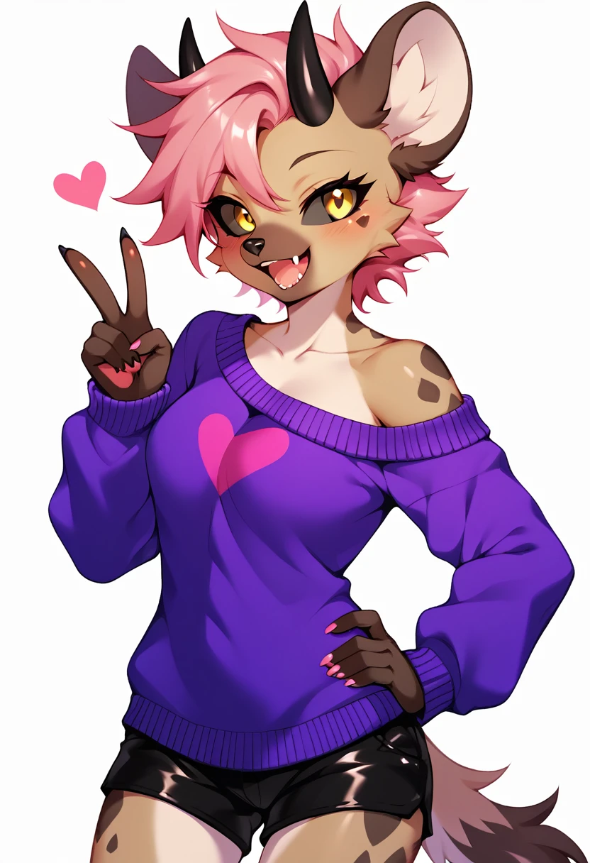 score_9, score_8_up, score_7_up, rating_explicit, female, 1girl, solo, female anthro hyena, looking at viewer, smile, short hair, open mouth, simple background, long sleeves, white background, bare shoulders, collarbone, yellow eyes, pink hair, :d, heart, cowboy shot, horns, shorts, off shoulder, sweater, hand on hip, v, colored skin, black shorts, colored sclera, black sclera, off-shoulder sweater, v over eye, purple sweater