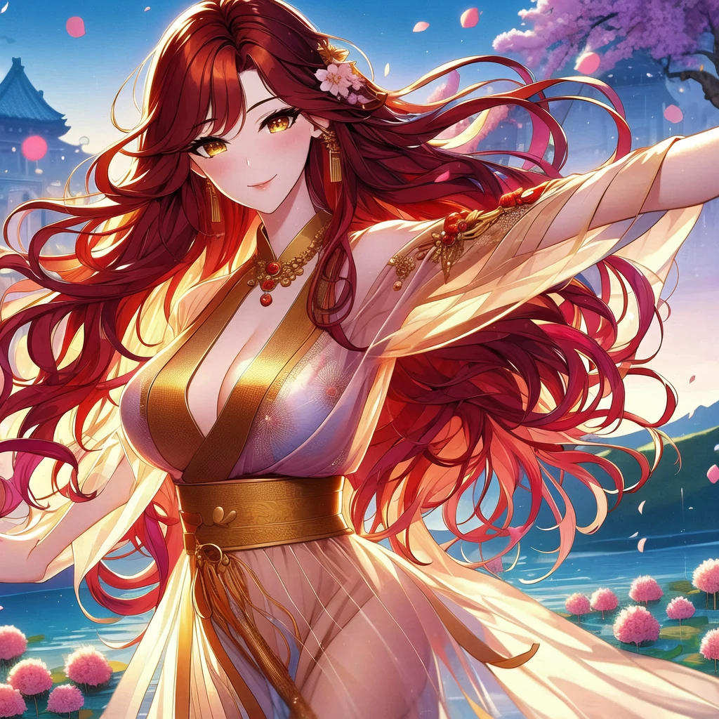 (masterpiece, best quality: 1.2), 1 female, solo, dancing alone, Xian Mei, beautiful golden eyes, long red curly hair, detailed face, beautiful face, jewelry, perfect , perfect body, traditional pink-purple belly dance dress, medieval china, , hot, beautiful background, belly dance, dance, beautiful dance, mountains in the background, Japanese cherry trees, daytime, sharp image, clear image, Hd resolution, quality,