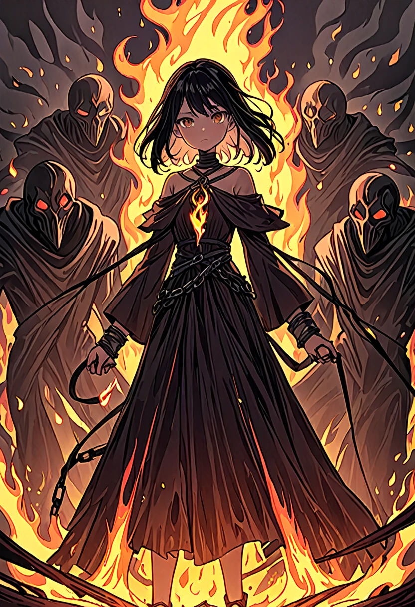 Create an illustration with a young female character standing in the middle of the flames. She should appear worn and exhausted, but resilient, with an expression that conveys determination and sadness. The character must have malnourished hands and feet, bound with shackles (shackles) that reflect her life of slavery.
She has slanted (slightly slanted) light brown eyes that reveal a ray of hope and defiance. Her long, dark hair falls messily around her pale, haggard face. She wears tattered clothes, indicative of her harsh living conditions, and remains of a scar or mark on her neck from past punishments.
At its core, the flames should represent the harsh and dangerous environment she navigates daily, with shadows hinting at the sinister presence of her slaver Lilith and her Wraiths. Despite the flames and oppressive atmosphere, the character must be depicted upright and intact, symbolizing his inner strength and the secret she keeps that could change the world.