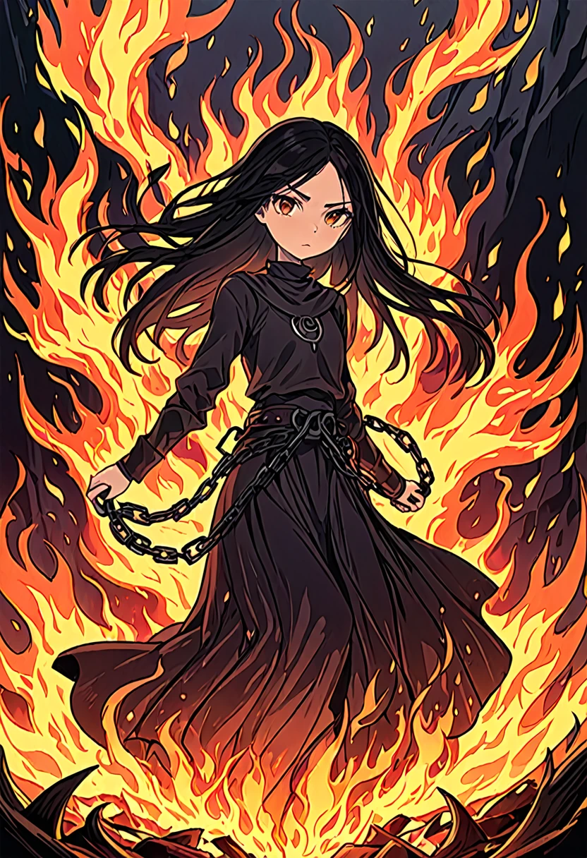 Create an illustration with a young female character standing in the middle of the flames. She should appear worn and exhausted, but resilient, with an expression that conveys determination and sadness. The character must have malnourished hands and feet, bound with shackles (shackles) that reflect her life of slavery.
She has slanted (slightly slanted) light brown eyes that reveal a ray of hope and defiance. Her long, dark hair falls messily around her pale, haggard face. She wears tattered clothes, indicative of her harsh living conditions, and remains of a scar or mark on her neck from past punishments.
At its core, the flames should represent the harsh and dangerous environment she navigates daily, with shadows hinting at the sinister presence of her slaver Lilith and her Wraiths. Despite the flames and oppressive atmosphere, the character must be depicted upright and intact, symbolizing his inner strength and the secret she keeps that could change the world.
