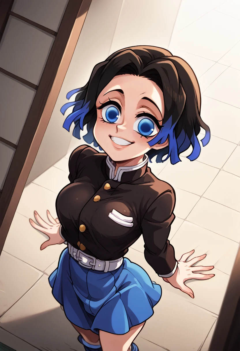 Draw a character in animated art style, with a vibrant and expressive appearance. The character must have exaggerated characteristics, like big, expressive eyes, a subtle and fun smile, and a straight posture. The background should be simple and not distract from the main figure. The character must be from the Kimetsu no Yaiba universe/Demon Slayer, black short hair, blue colored eyes. Wearing a tight skirt, angle from above, animated cartoon, beautiful drawing.