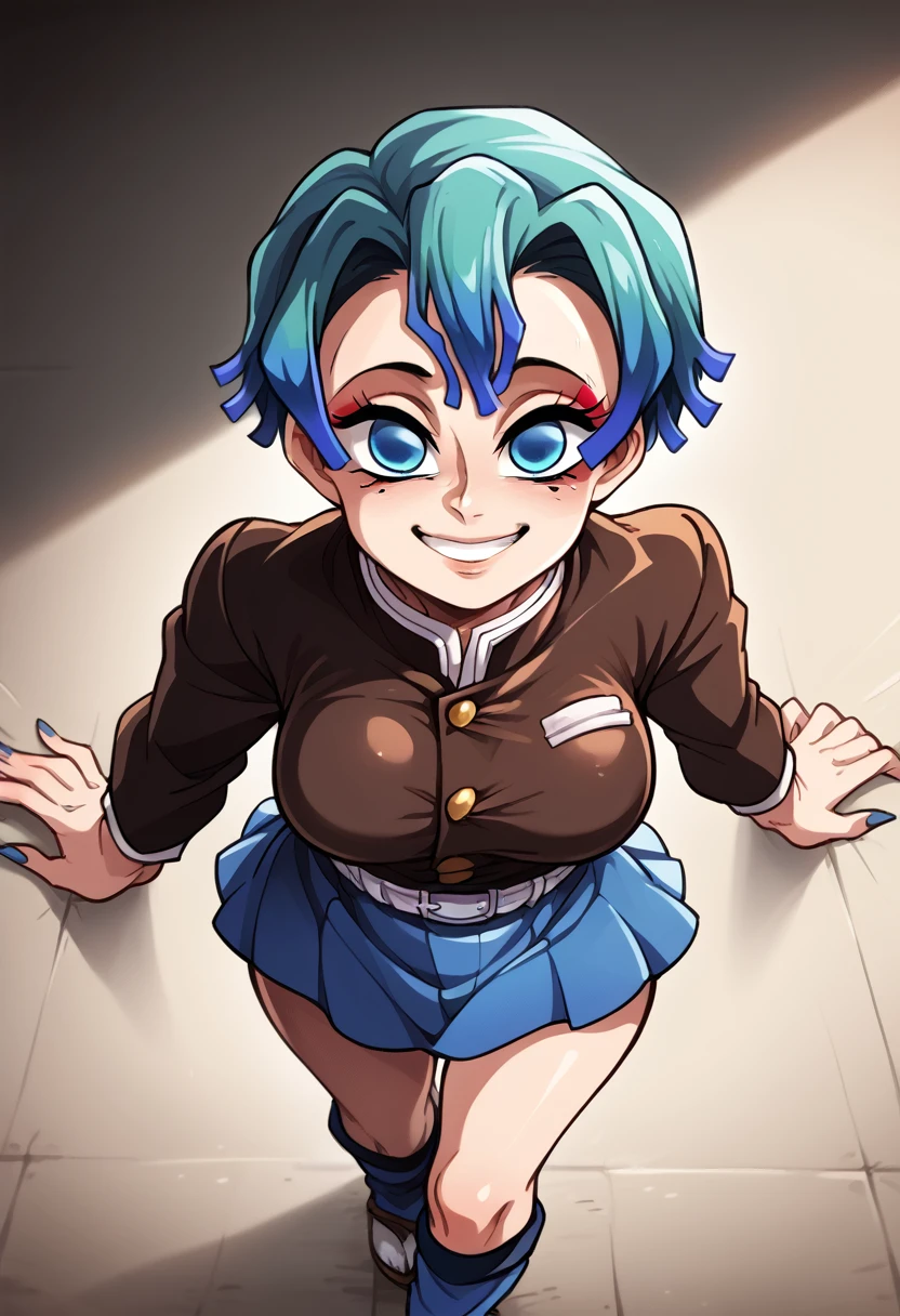 Draw a character in animated art style, with a vibrant and expressive appearance. The character must have exaggerated characteristics, like big, expressive eyes, a subtle and fun smile, and a straight posture. The background should be simple and not distract from the main figure. The character must be from the Kimetsu no Yaiba universe/Demon Slayer, black short hair, blue colored eyes. Wearing a tight skirt, angle from above, animated cartoon, beautiful drawing.