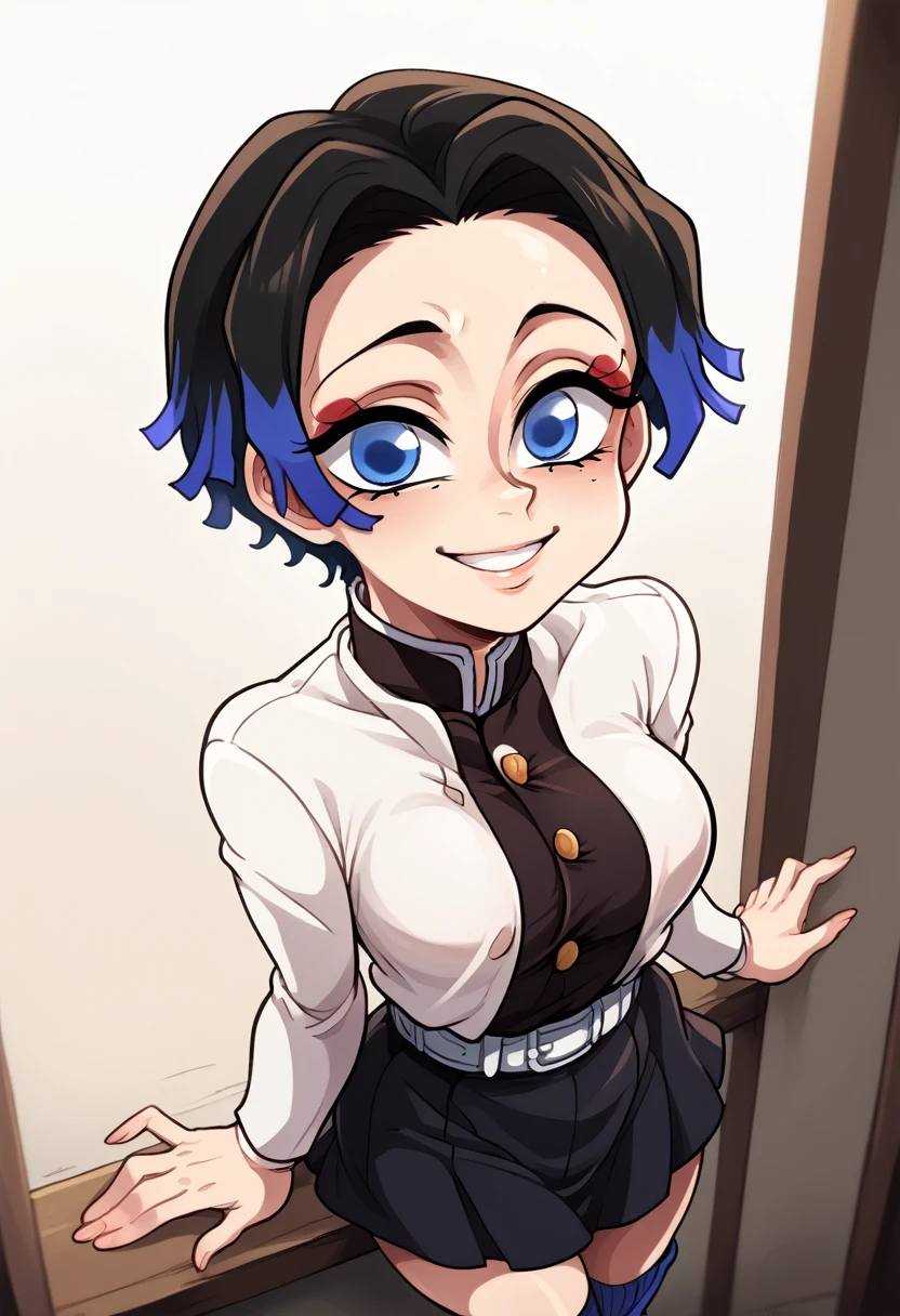 Draw a character in animated art style, with a vibrant and expressive appearance. The character must have exaggerated characteristics, like big, expressive eyes, a subtle and fun smile, and a straight posture. The background should be simple and not distract from the main figure. The character must be from the Kimetsu no Yaiba universe/Demon Slayer, black short hair, blue colored eyes. Wearing a tight skirt, angle from above, animated cartoon, beautiful drawing.