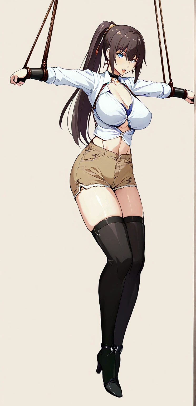 Slender and sexy woman,Black thigh-high boots,Beige jean shorts,Restrained by rope,Both feet restrained,Armrest,ponytail,suspension,suspension,Arms back,