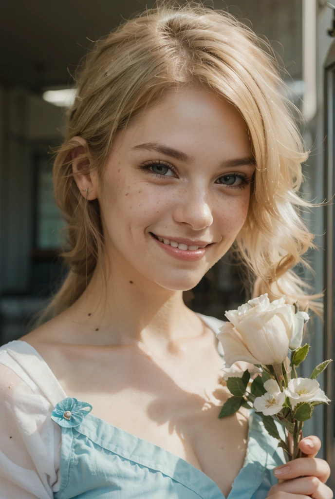 Beautiful detailed long white hair, light freckles around her nose, (portrait, smile:1.5),