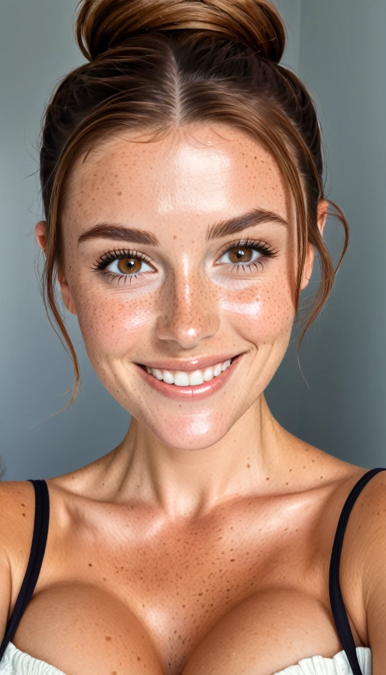 Gorgeous brown haired white woman with freckles smiling at viewer, beautiful face, short brown hair in a bun, massive breastd