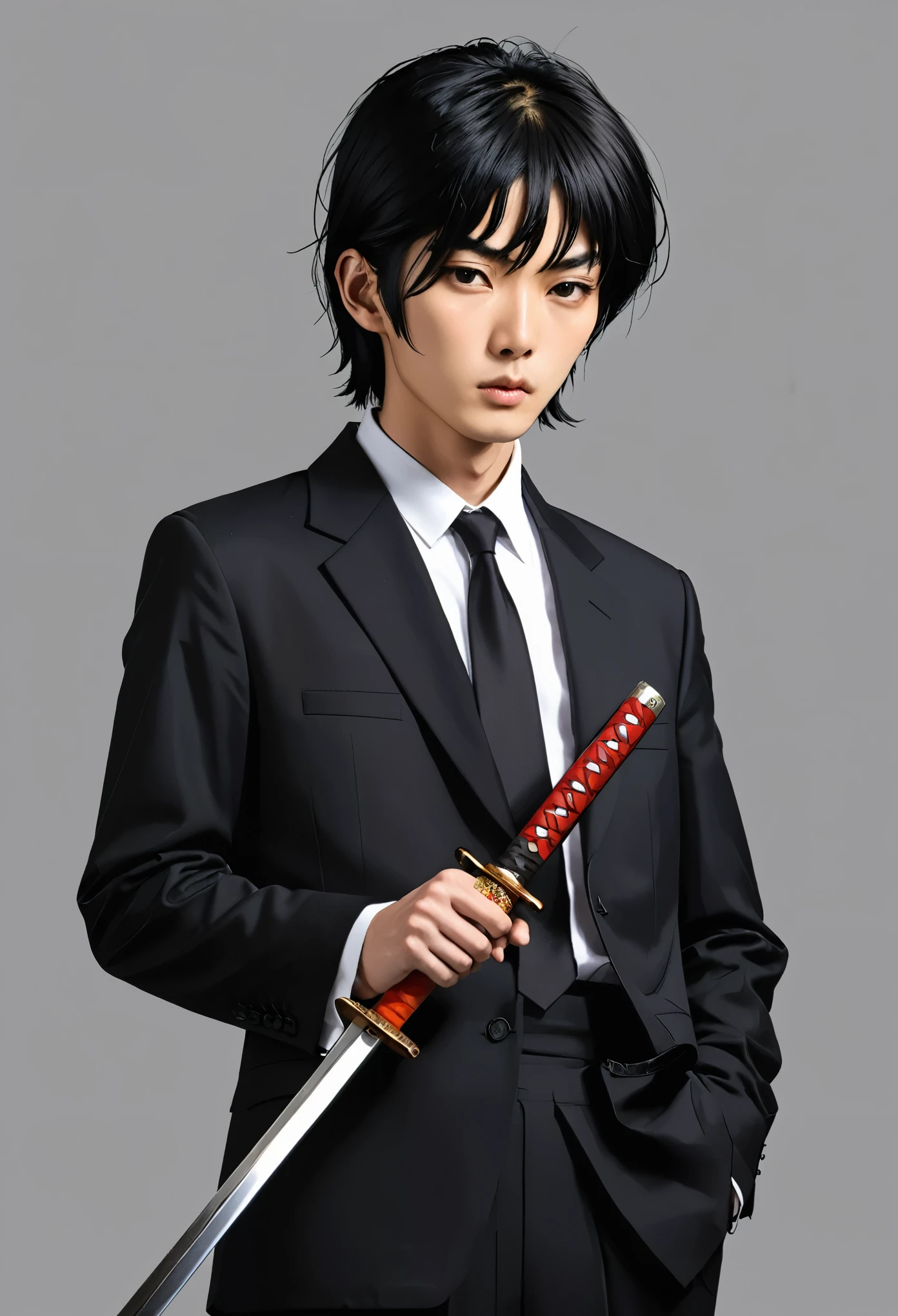 Black Suit、Black Hair、Asian、male、Short Hair、Simple Background、Holding a Japanese sword、Hold a cigarette