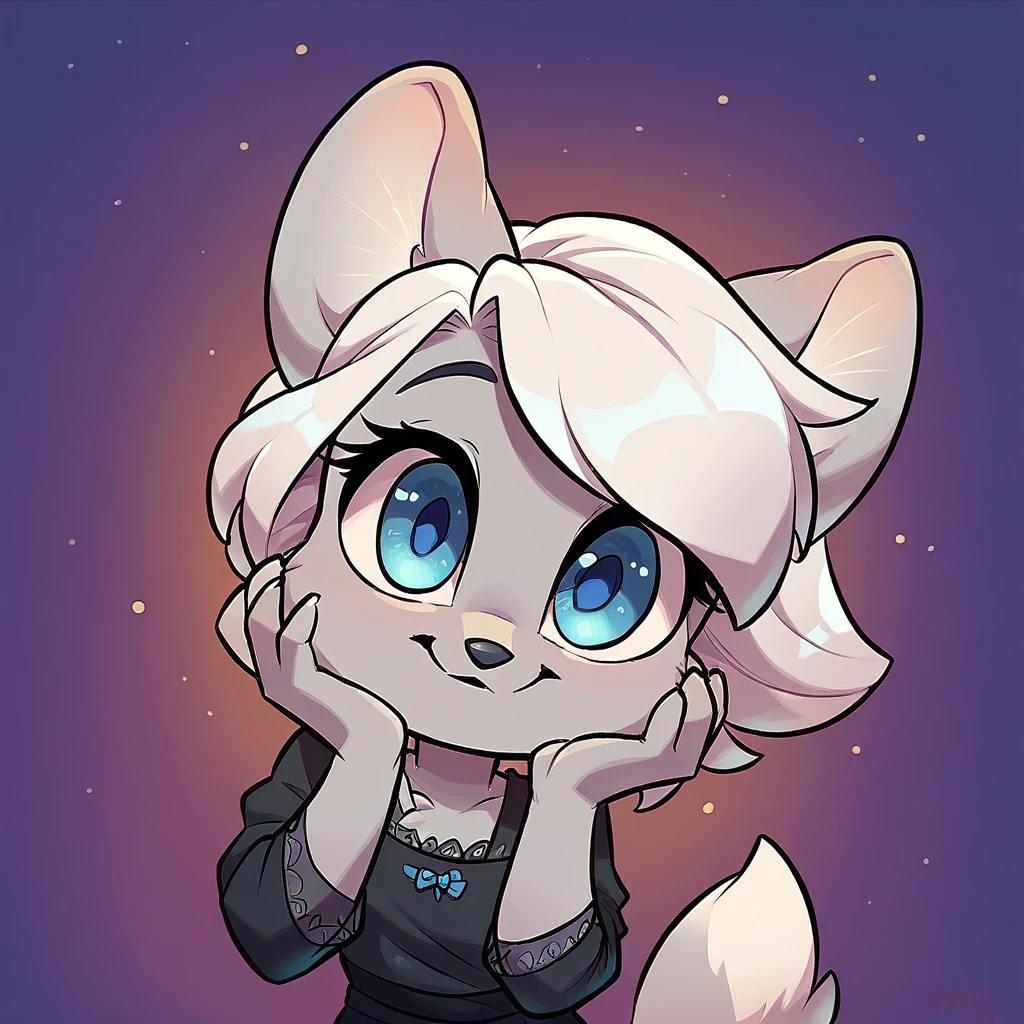 fox, female, white hair, silver fur, blue eyes, cute kid, ,one, kid , white hair, cute, chibi, black dress, night dorest