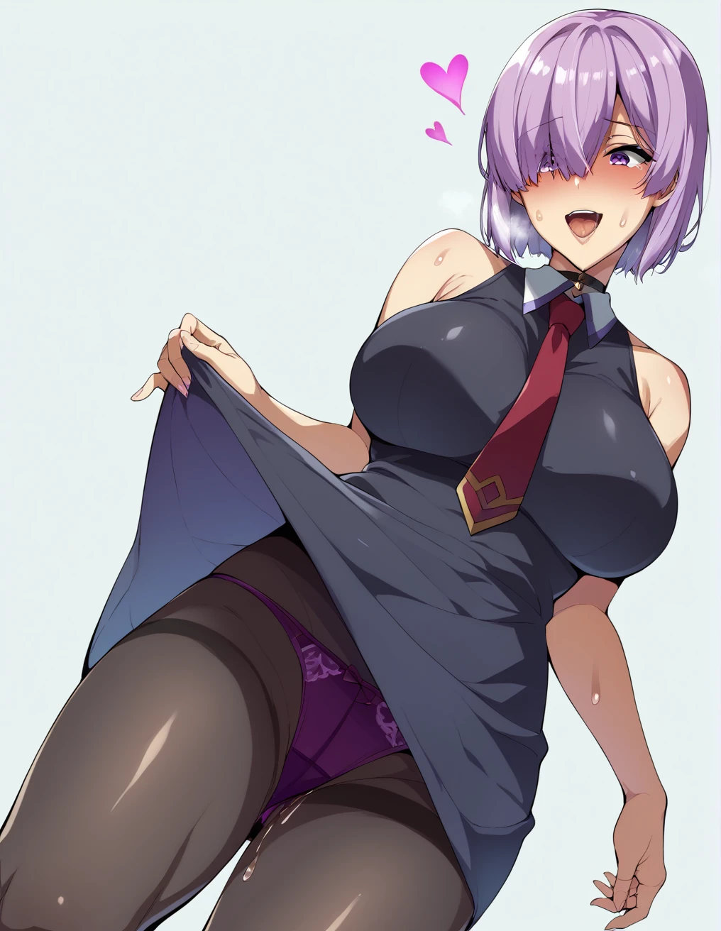 Ultra-detailed illustrations、Ultra-precise expression、masterpiece、Highest quality、ultra High resolution、High resolution、Hiromitsu Takeda Style、White background、Simple Background、One girl、solo、Mash Kyrielight、light purple hair,short hair,hair over one eyes、Black sleeveless dress, White collar、Red tie、Black hose、Purple pantin short boots、Purple eyes、Vulgar expression、smile、Open your mouth、blush、Large Breasts、Big 、Choker hite Breath、Sweat、Glowing Skin、shiny skin、Front angle、View your viewers、