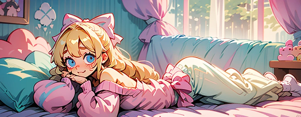 cute, happy, very long blonde hair, bangs, white bow in the back of hair, blue eyes, big eyes, pink oversized off shoulder sweater, kawaii, comfy, white and pastel pink bedroom, lay down on bed, gamer, adorable, cuteness, shy, blush