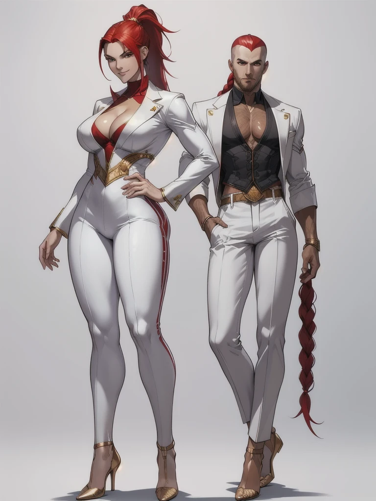 ((best quality)), ((4k)), ((highres)), ((masterpiece:1.2)). ((detailed)), ((ultra realistic)), ((intricate details)), ((full body picture)), ((character design sheet)), ((blank background)), ((standing in a blank background)), solo character, a full body shot of a sexy pale female, inhuman pale skin, pasty white skin, ((vampire pale skin))), ((ghostly pale skin like kratos from god of war)), redhead, ((vivid red hair)), SLEEK braided low ponytail, ((SLEEK braided low ponytail)), thin braid, slicked back hair, sexy and dangerous, evil smile on her face, ((evil smile)), about 30 years old, about 6'0 ft tall, athletic frame, character concept art, female executive, white blazer suit, white dress pants, work pants, white outfit with black details and gold adornments, ((predominantly white outfit)), ((showing cleavage)), gold office heels, ((GOLD HEELS)), fighting game character concept art, tekken character design, the king of fighters character concept