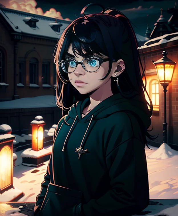 Best quality, volumetric lighting, cinematic lighting, masterpiece, ultra high res, 4k, (soft round detailed face), (sad expression), (detailed green eyes), bags under eyes, thick eyebrows, depressed, melancholy, (wearing rounded glasses), (very pale light skin), detailed black hair, ((long messy greasy hair)), (plain black hoodie), black stud earrings, black nail varnish, unwashed, unkempt, disheveled, sodium streetlamps, midnight, dark clouds, London, snow