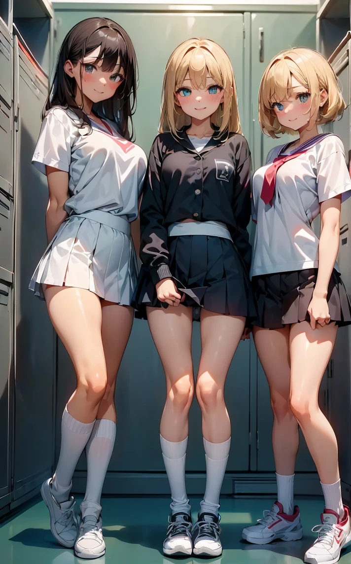 (Cute eyes:1.2), (Sparkling eyes:1.2),(Beautiful Eyes:1.2), Highest quality,wonderful,finely,Highly detailed CG Unity 8k wallpaper, (The three of them lined up and hugged:1.3),(Caressing the pussy:1.5),(Three people with different heights:1.5), (Three Girls, Tennis Player, Skinny body, Dressed), (Huge breasts), (Open your mouth:1.1),(Black knee socks:1.3),(Thighs:1.3),(Waistline:1.2),(Matching white tennis uniforms:1.2),(From behind:1.2),(Beautiful eyes:1.2),(Different hairstyle),(Seniors and Juniors:1.3),(All three have different eye colors:1.5),(All three have different skin colors:1.5),(Thighsまで隠れるニーソックス:1.2),Upper Body,(locker room:1.3),(Love juice:1.3),(Tennis Player:1.1)