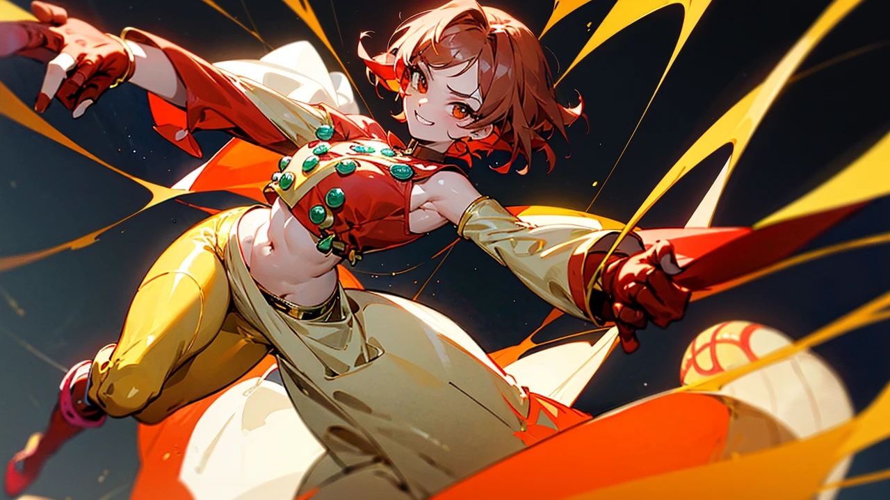 Charlie brawl stars,anime style,beige spider-shaped hair,gold and crimson red spiderweb cape,golden gloves with three red mosaics,red neckline on the chest combined with river green on the abdomen and gold buttons,rio green tight leggings,Rio green short boots with yellow pompoms,Masterpiece,Good quality,anime,female,provocative look with smile,pose sexy,bella,attractive,circus,video game character