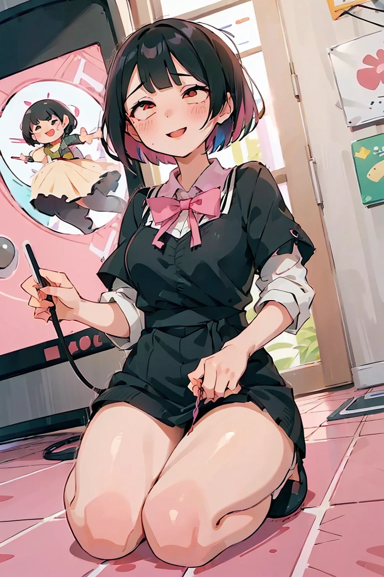 4K,One Girl,slender,Very short stature,Very thin thighs,Blunt bangs,short dress shirt, Half Sleeve,Red suspender mini skirt,blush, smile, Bobcut, Black Hair,Vibrant colors, Ahegao,A lot of love juice drips down her thighs onto the floor,(remote_play)),remote-vibrating-egg,((Someone else's hand holding a pink round remote control:1.3))、Ecstatic expression,Accurate and detailed female fingers,