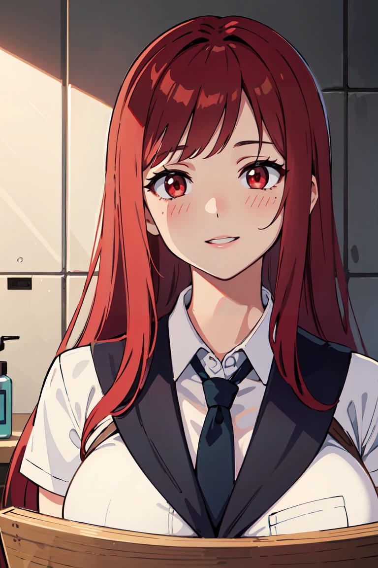 masterpiece, best quality, highly detailed background, perfect lighting, best quality, (extremely detailed face), volumetric lighting, intricate details, shadow, tonemapping, sharp focus, hyper detailed, trending on Artstation, (solo), (Background in the bathroom) .Girl with long red hair. Red eyes. curvy. Blush, Clear skin. Big bust. Smile, ((with school report)) ((Dressed as a schoolgirl))