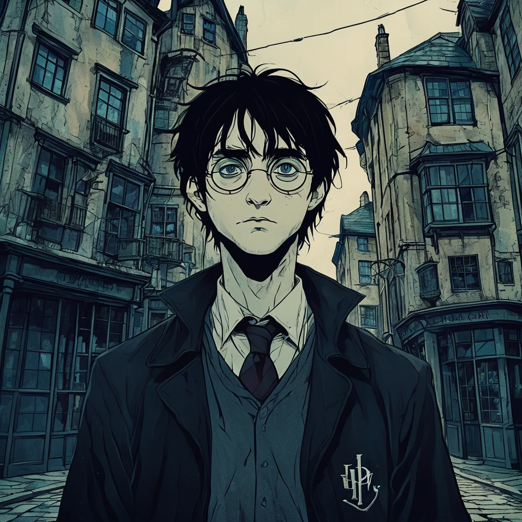 dark anime, portrait of Harry Potter in Diagon Alley