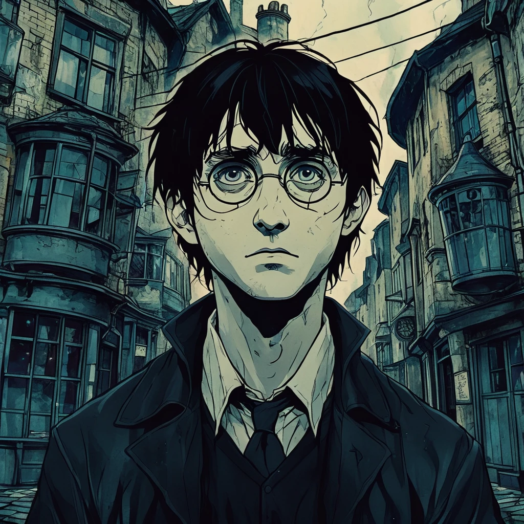 dark anime, portrait of Harry Potter in Diagon Alley