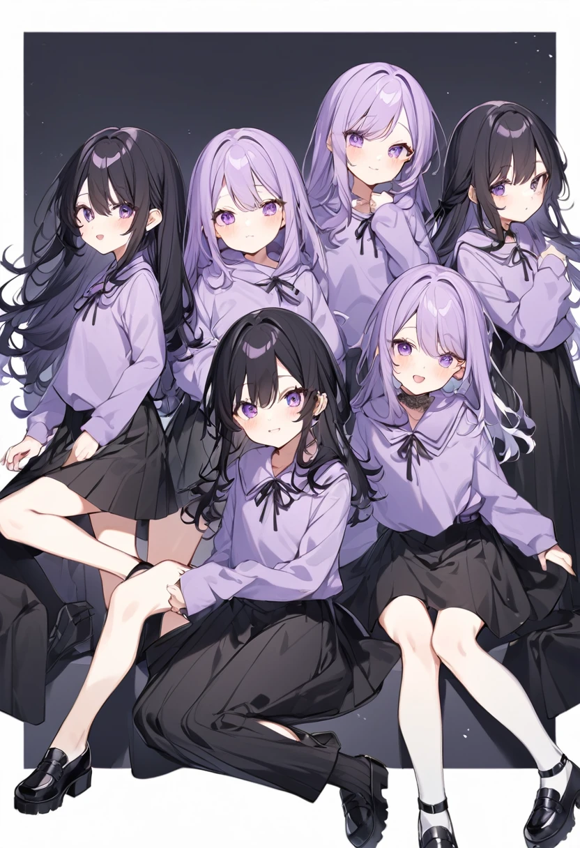Keito。Purple hoodie。Black Skirt。Purple Eyes。Black Hair。Black shoes下。Black shoes。6 sistery eldest daughter has lavender hair.。all female。Sextuplets